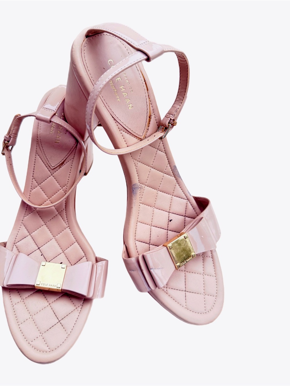 Cole Haan Pink Quilted Bow Ankle-Strap Sandals with Gold Plaque